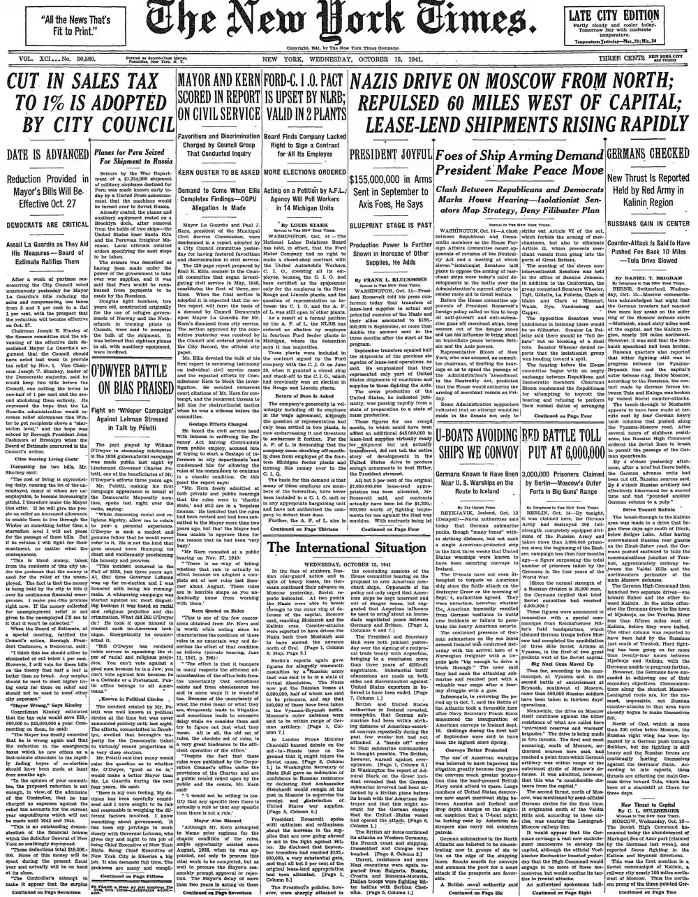Wednesday, October 15, 1941 – The New York Times Front Page