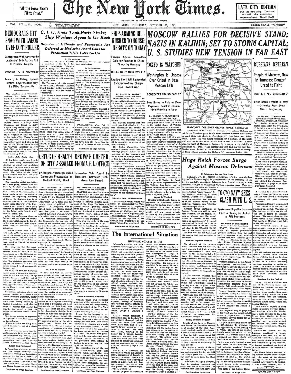 Thursday, October 16, 1941 – The New York Times Front Page