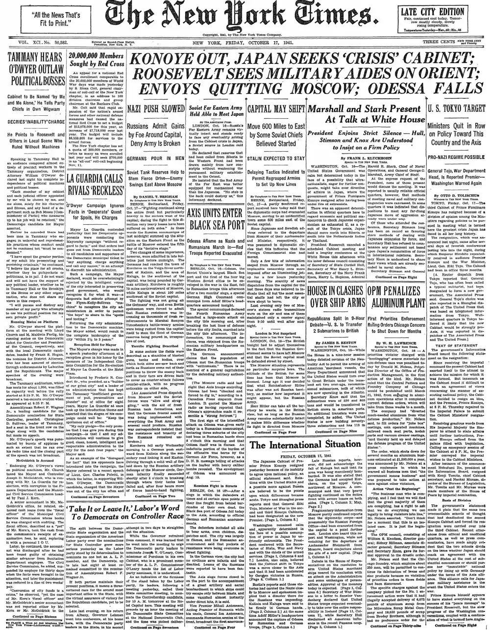 Friday, October 17, 1941 – The New York Times Front Page
