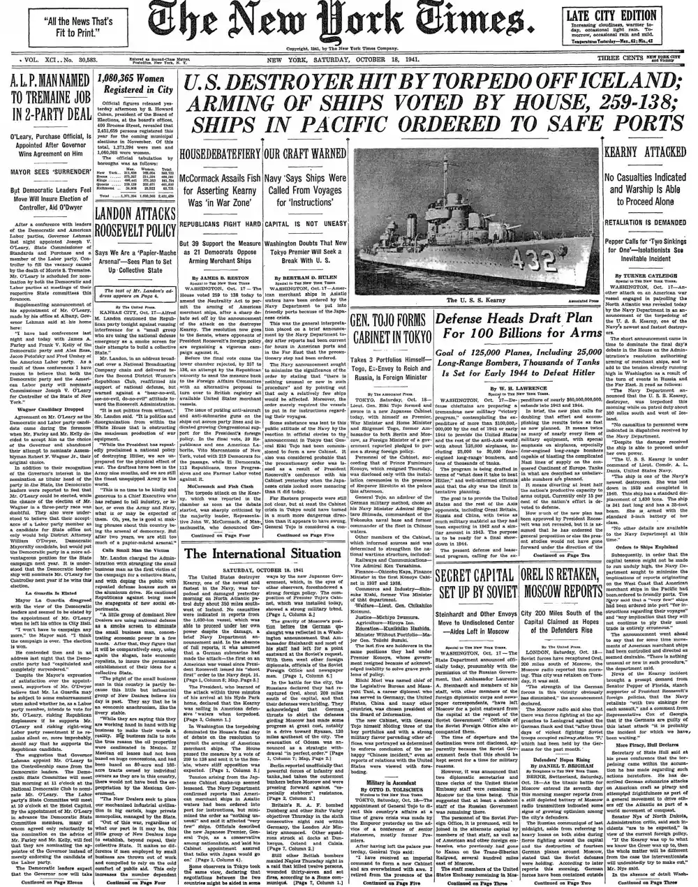 Saturday, October 18, 1941 – The New York Times Front Page