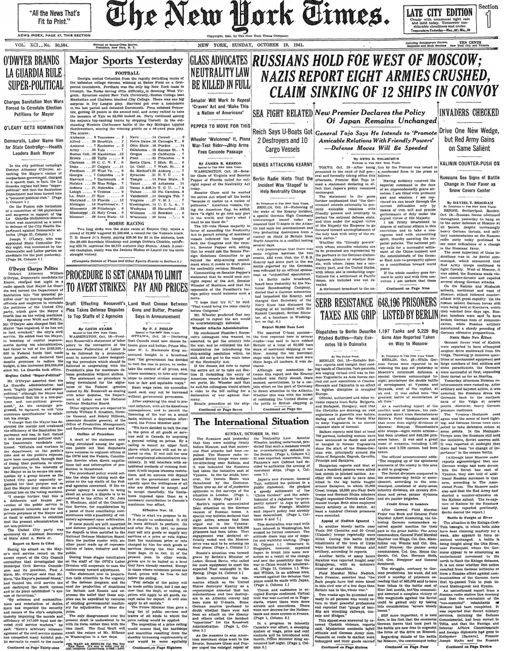 Sunday, October 19, 1941 – The New York Times Front Page