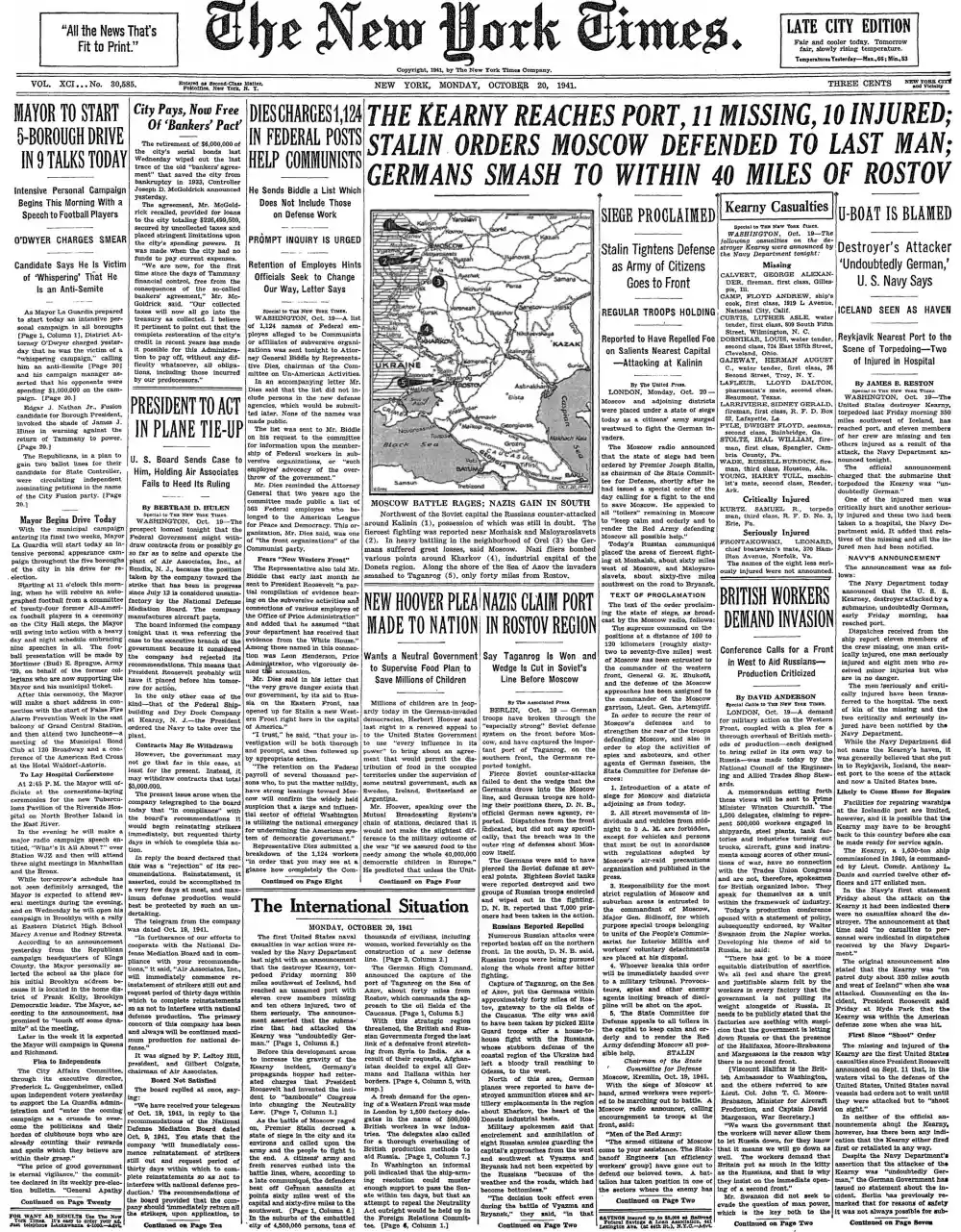 Monday, October 20, 1941 – The New York Times Front Page