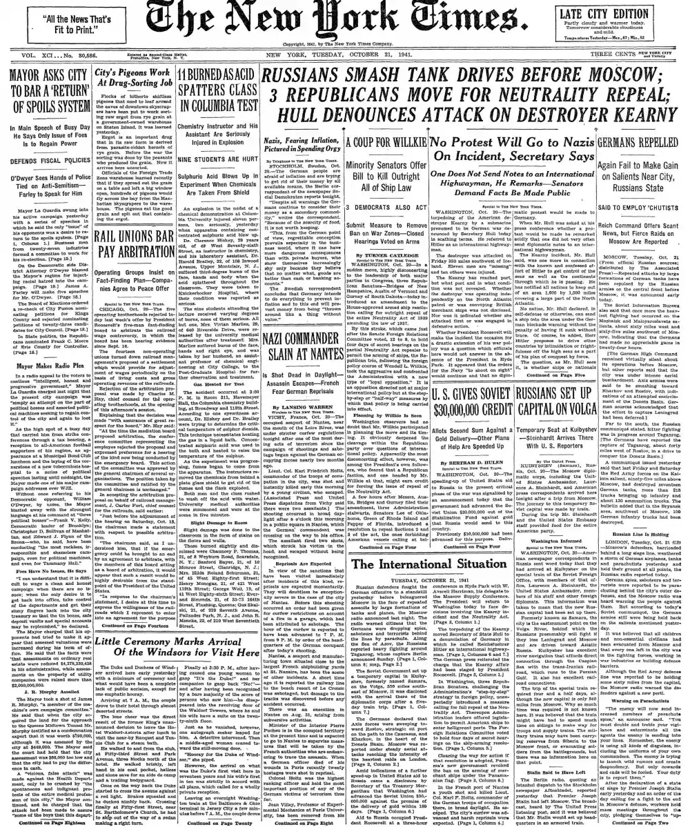 Tuesday, October 21, 1941 – The New York Times Front Page