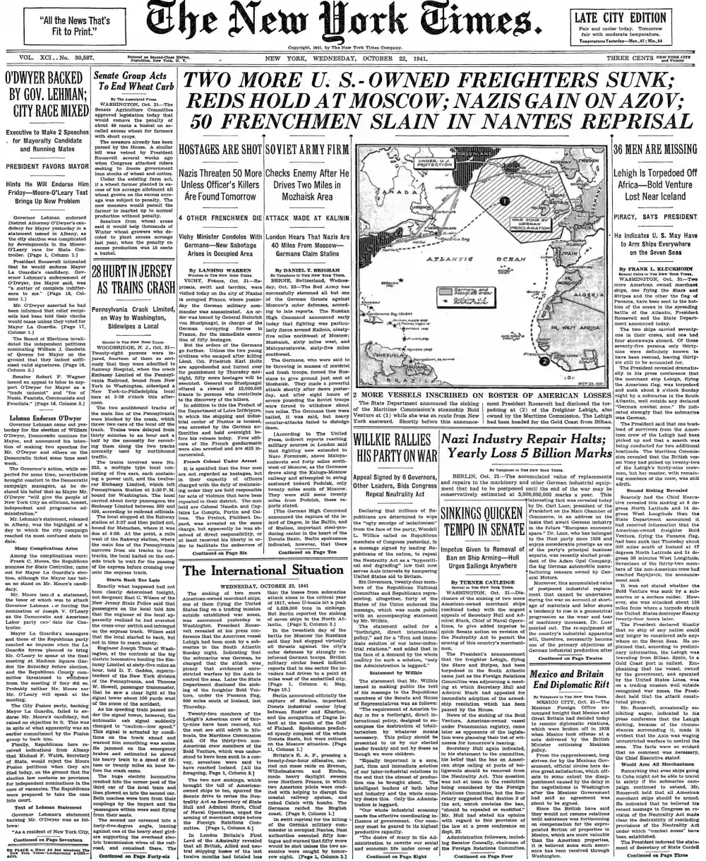 Wednesday, October 22, 1941 – The New York Times Front Page