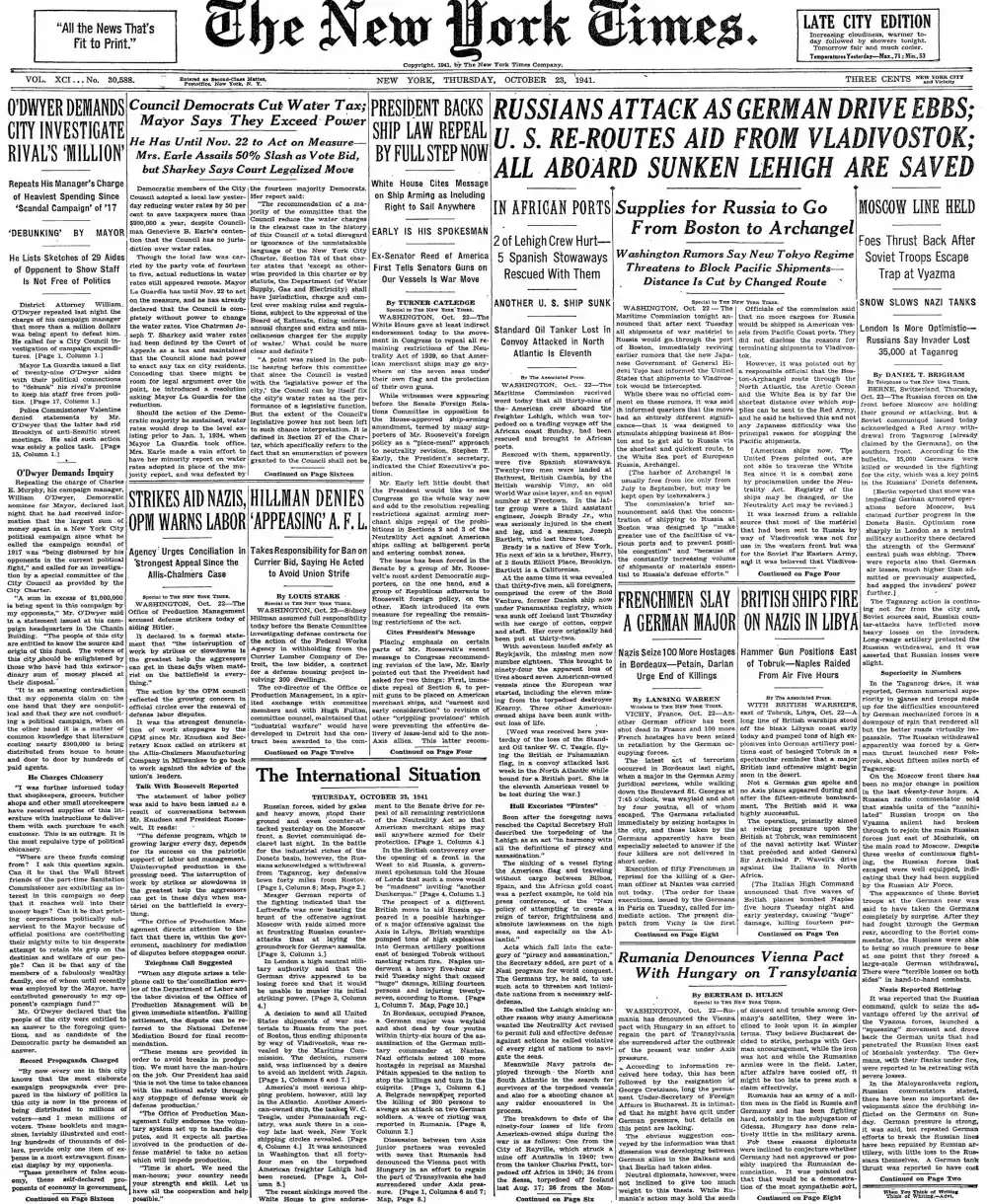 Thursday, October 23, 1941 – The New York Times Front Page