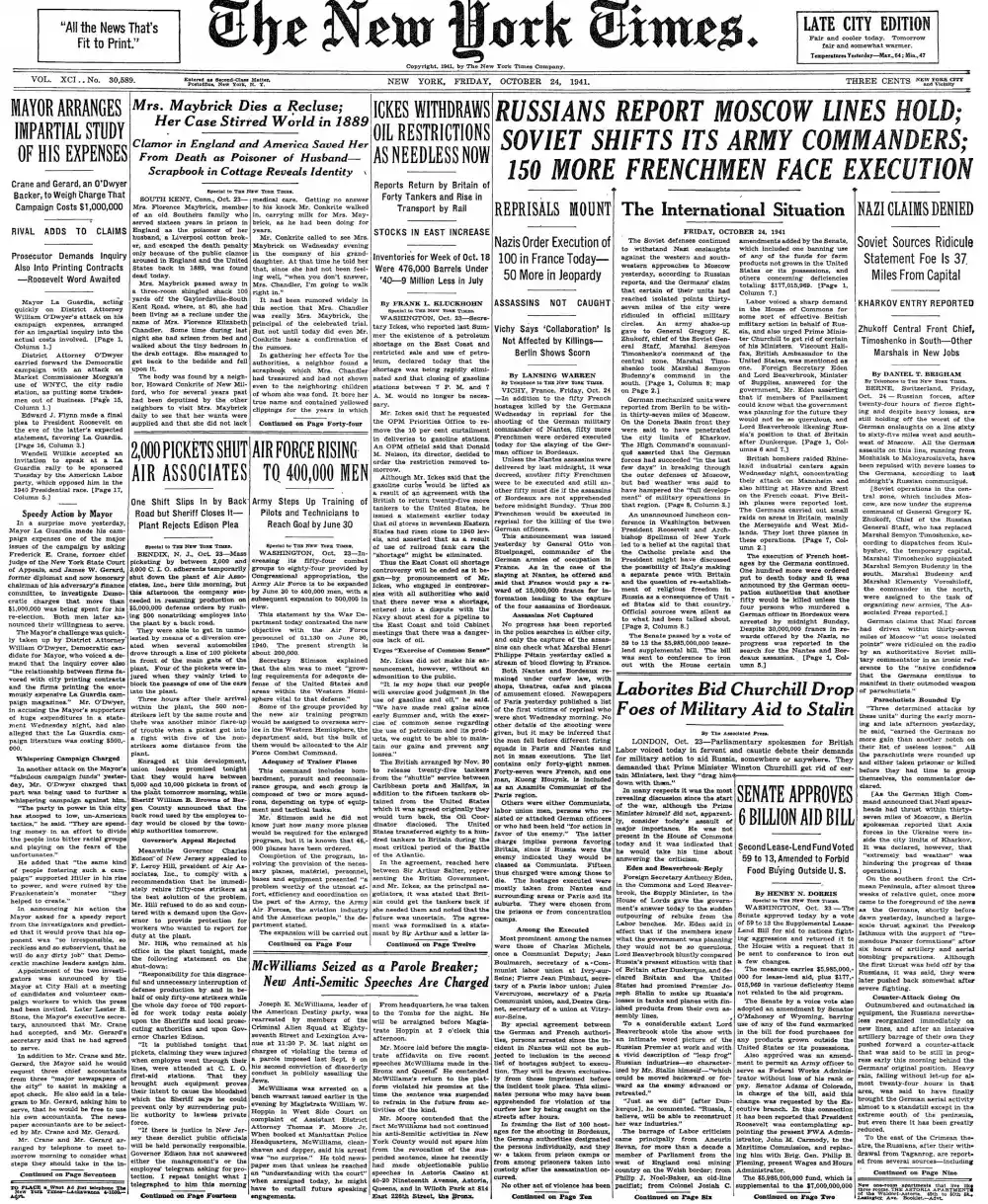 Friday, October 24, 1941 – The New York Times Front Page