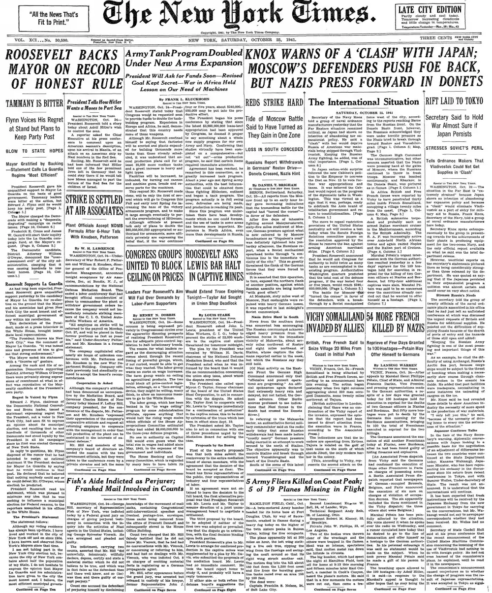 Saturday, October 25, 1941 – The New York Times Front Page