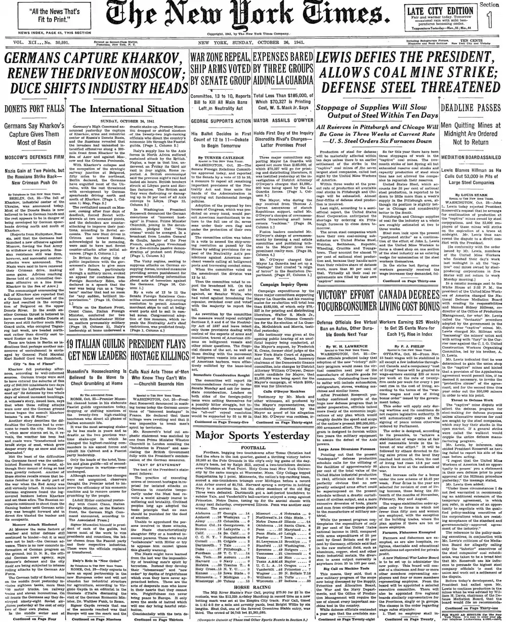 Sunday, October 26, 1941 – The New York Times Front Page