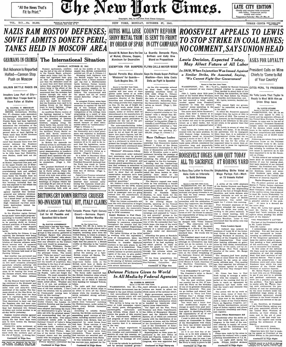 Monday, October 27, 1941 – The New York Times Front Page