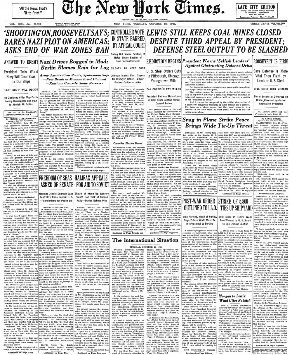 Tuesday, October 28, 1941 – The New York Times Front Page
