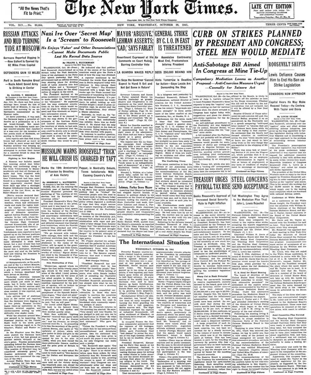 Wednesday, October 29, 1941 – The New York Times Front Page