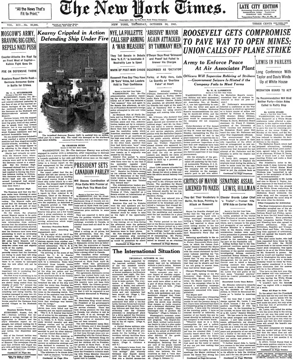 Thursday, October 30, 1941 – The New York Times Front Page