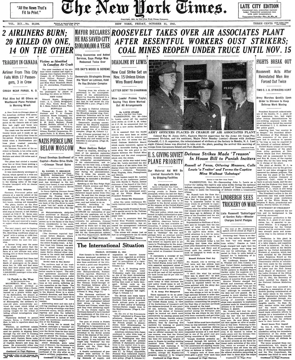 Friday, October 31, 1941 – The New York Times Front Page