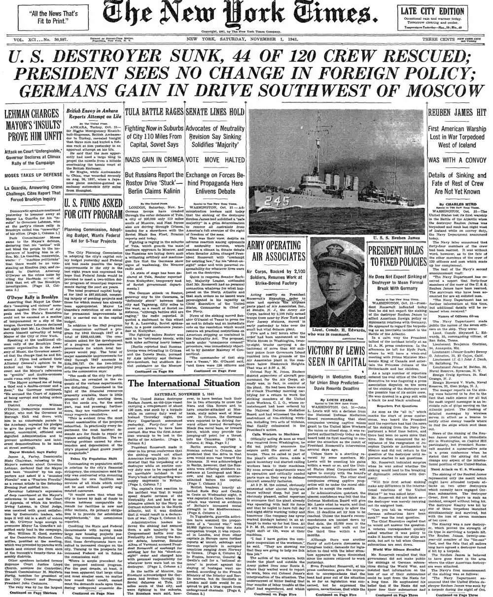 Saturday, November 1, 1941 – The New York Times Front Page