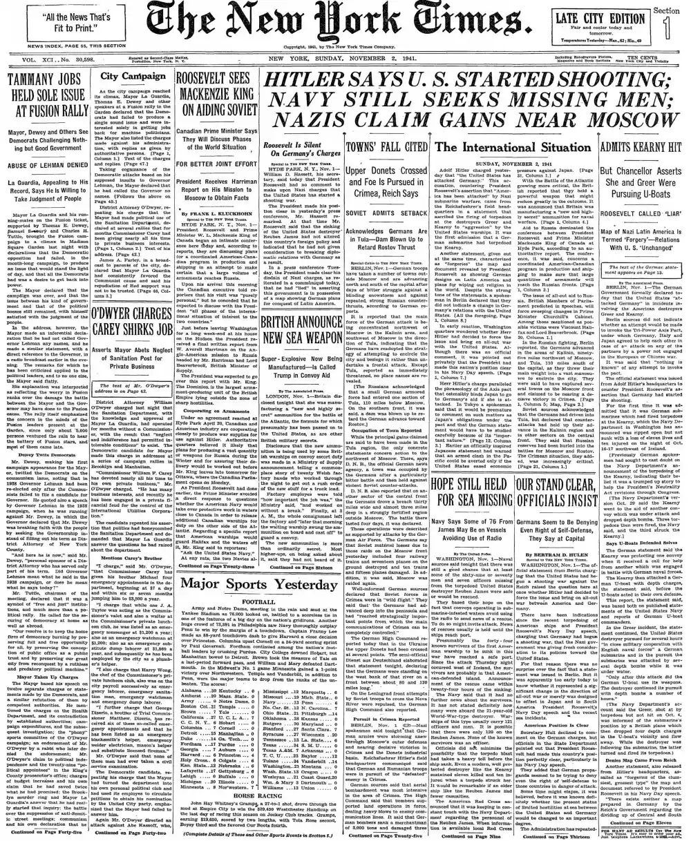 Sunday, November 2, 1941 – The New York Times Front Page