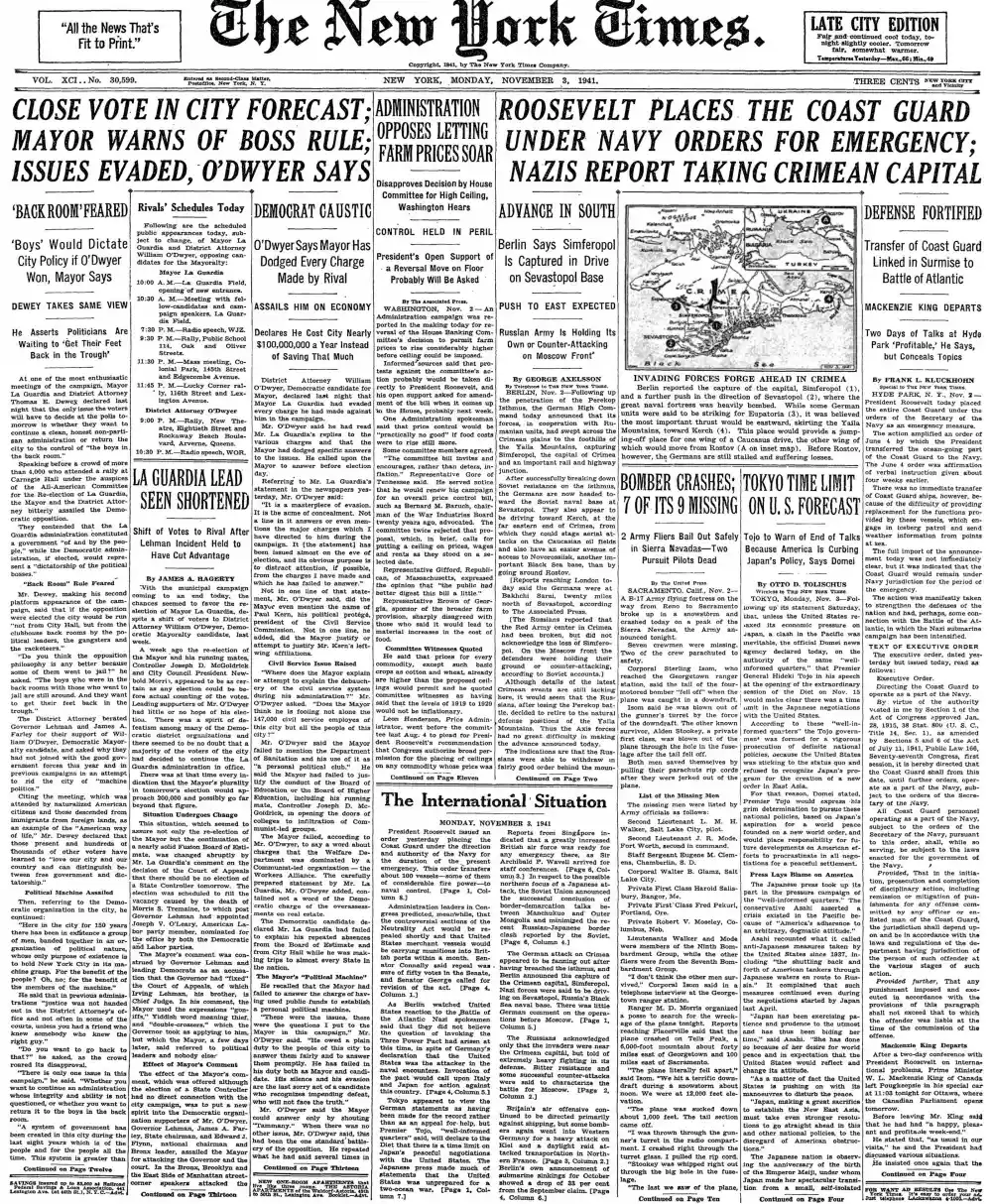 Monday, November 3, 1941 – The New York Times Front Page
