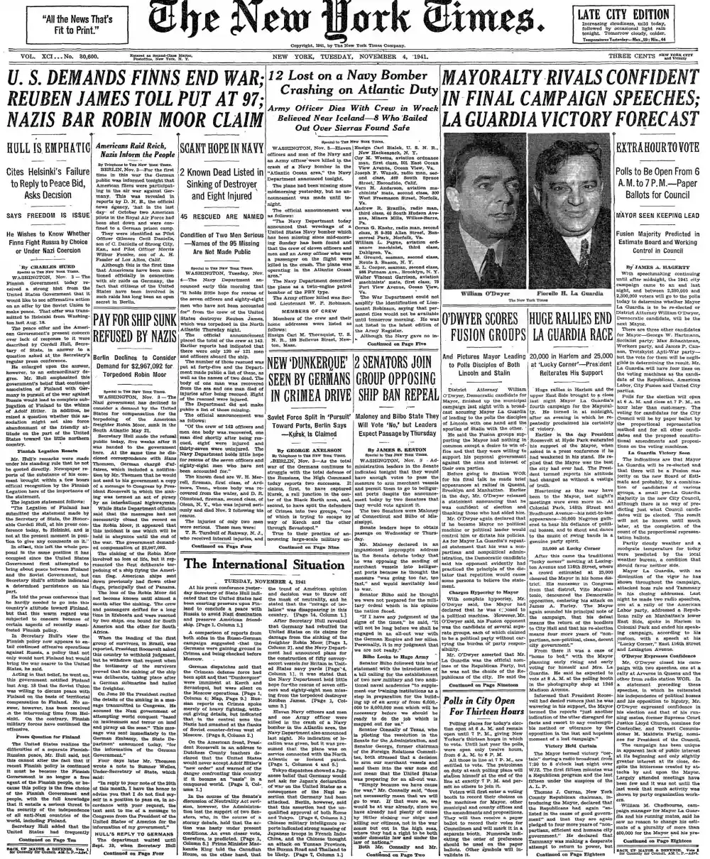 Tuesday, November 4, 1941 – The New York Times Front Page