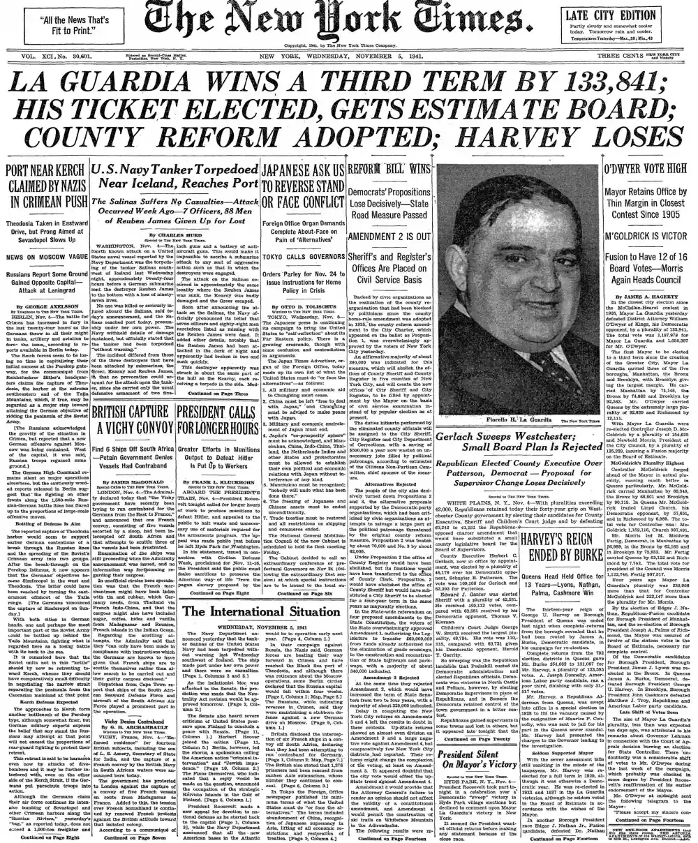 Wednesday, November 5, 1941 – The New York Times Front Page