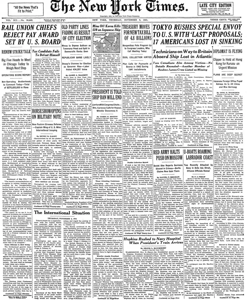 Thursday, November 6, 1941 – The New York Times Front Page