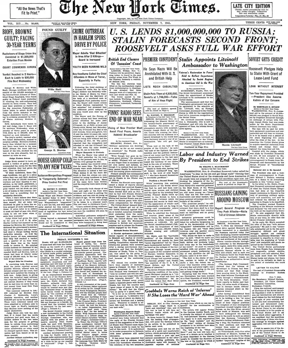 Friday, November 7, 1941 – The New York Times Front Page