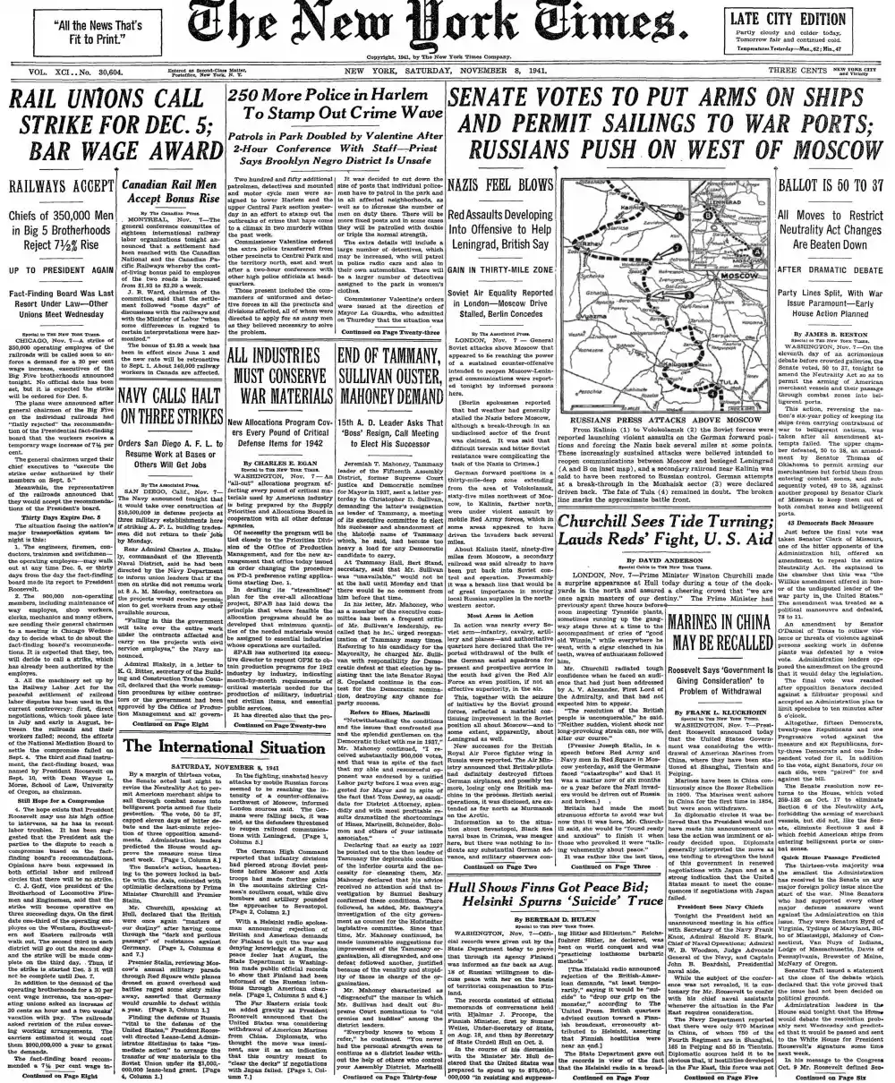 Saturday, November 8, 1941 – The New York Times Front Page