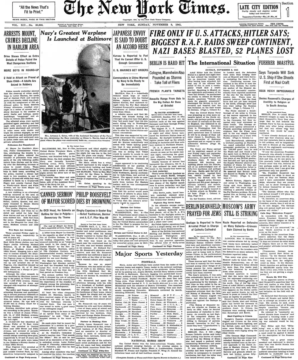 Sunday, November 9, 1941 – The New York Times Front Page