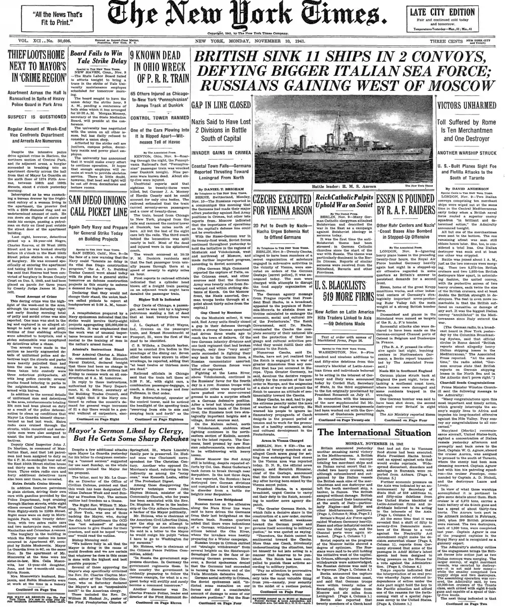 Monday, November 10, 1941 – The New York Times Front Page
