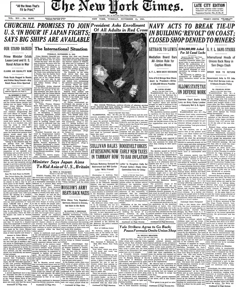 Tuesday, November 11, 1941 – The New York Times Front Page