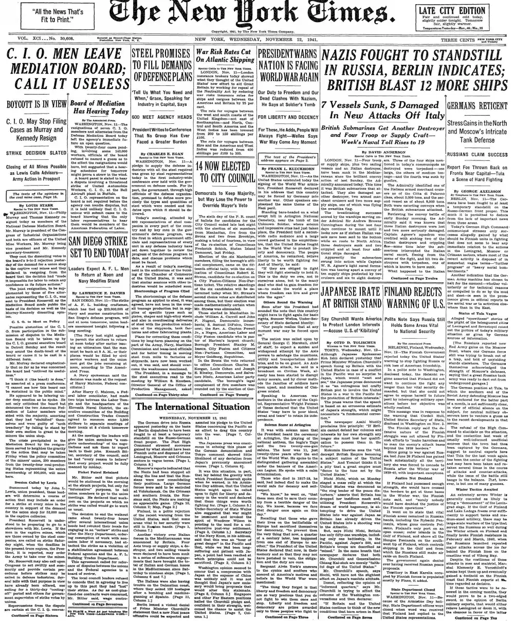 Wednesday, November 12, 1941 – The New York Times Front Page