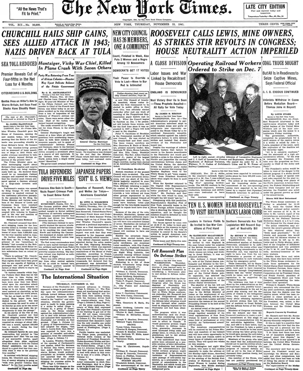 Thursday, November 13, 1941 – The New York Times Front Page