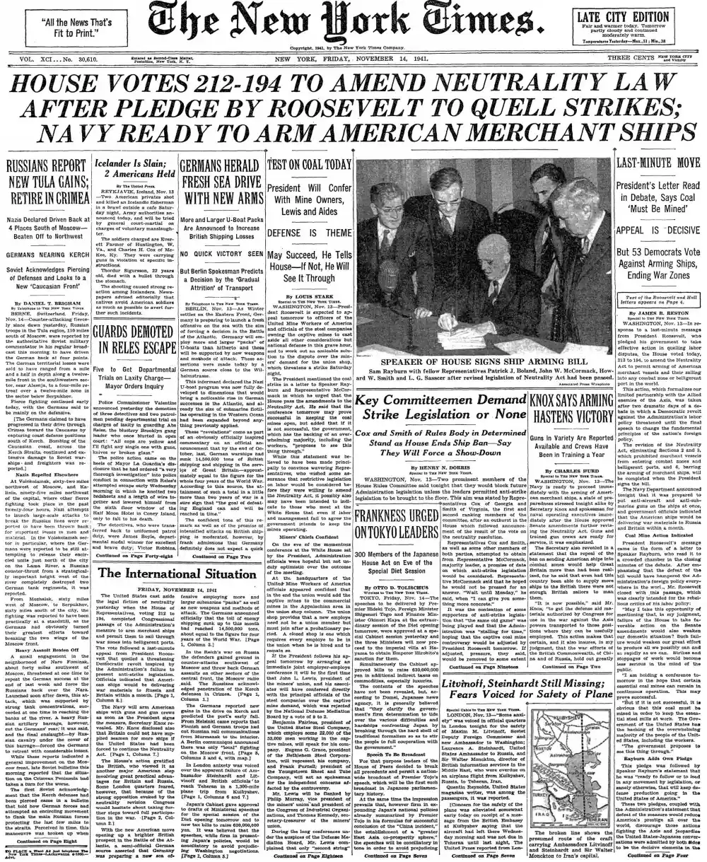 Friday, November 14, 1941 – The New York Times Front Page