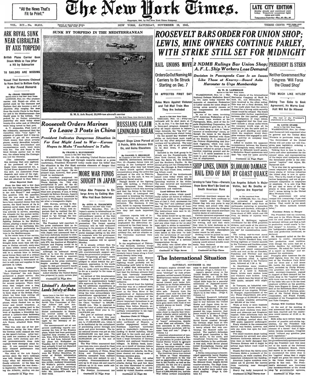 Saturday, November 15, 1941 – The New York Times Front Page