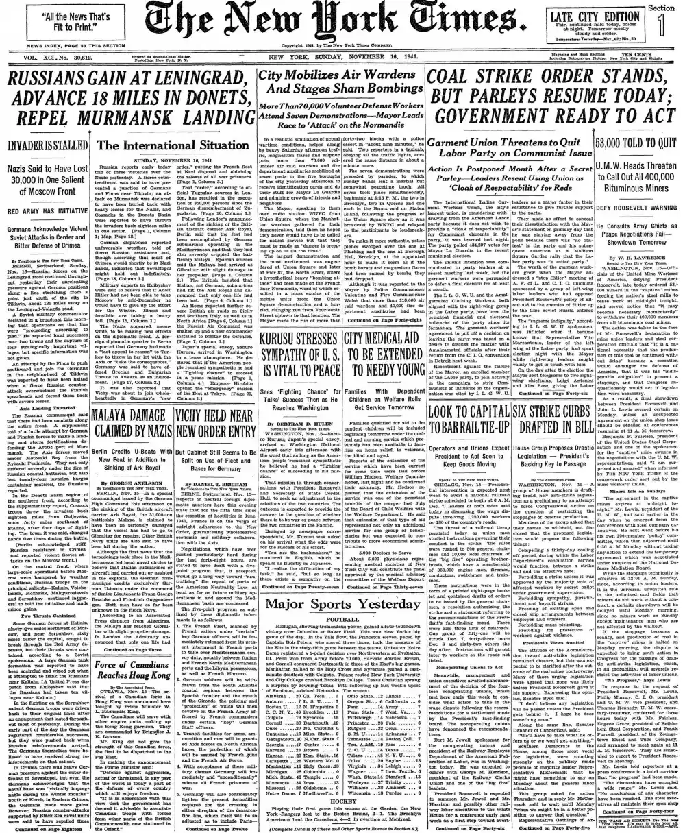 Sunday, November 16, 1941 – The New York Times Front Page