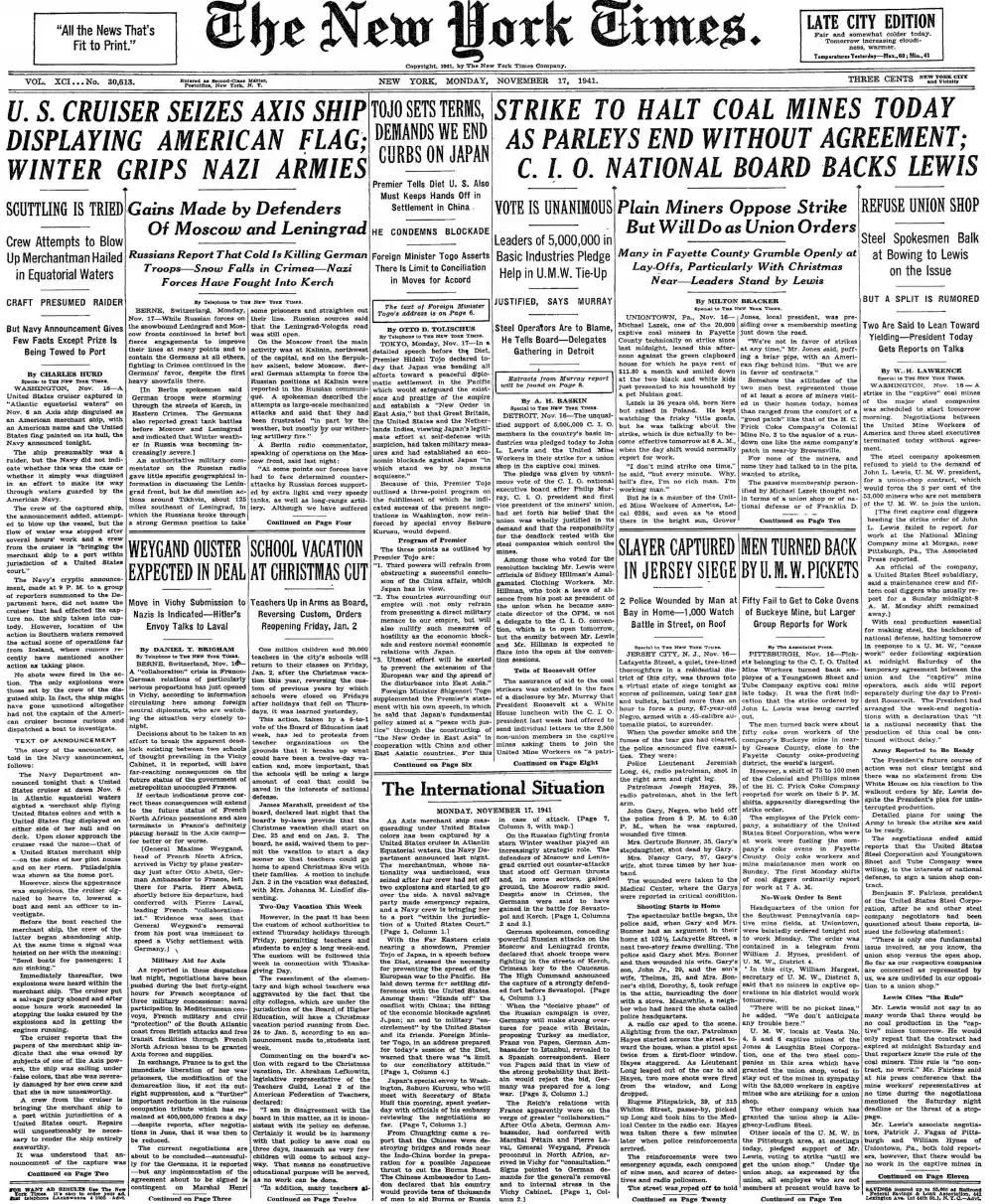 Monday, November 17, 1941 – The New York Times Front Page