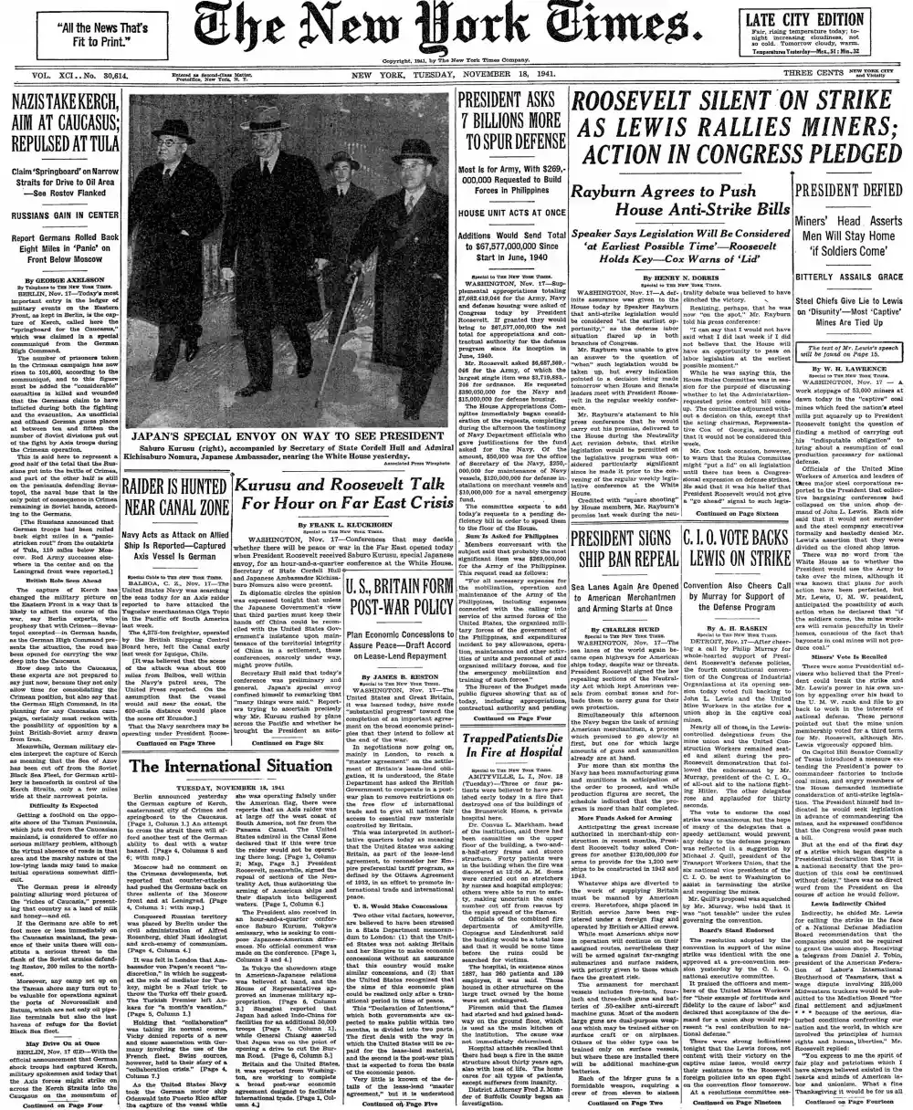 Tuesday, November 18, 1941 – The New York Times Front Page