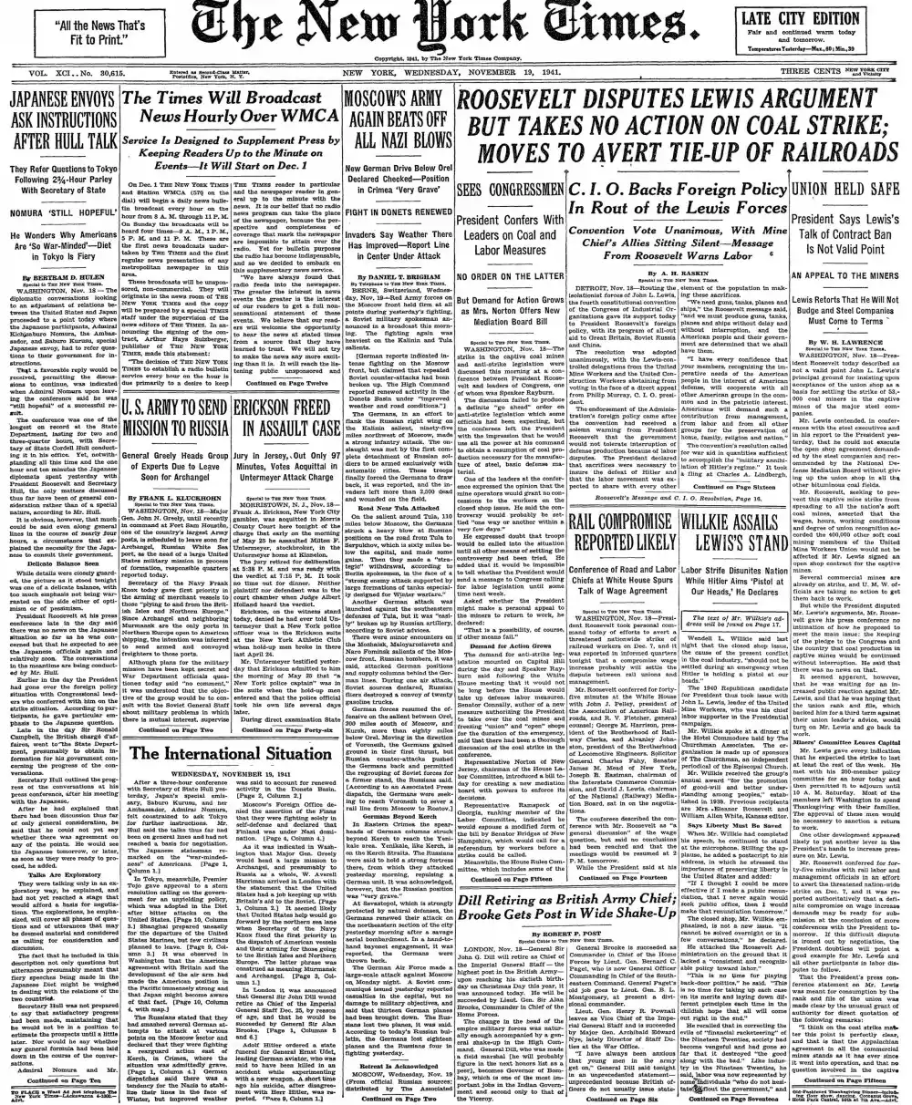 Wednesday, November 19, 1941 – The New York Times Front Page