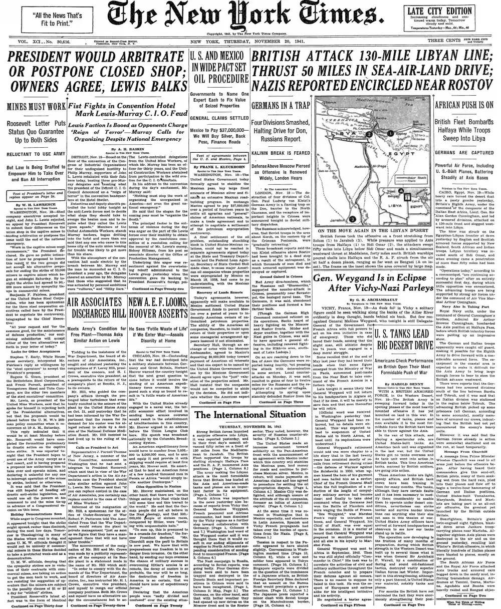 Thursday, November 20, 1941 – The New York Times Front Page