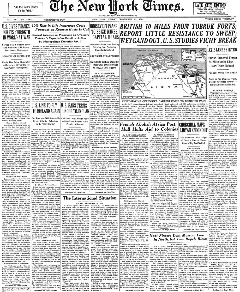 Friday, November 21, 1941 – The New York Times Front Page