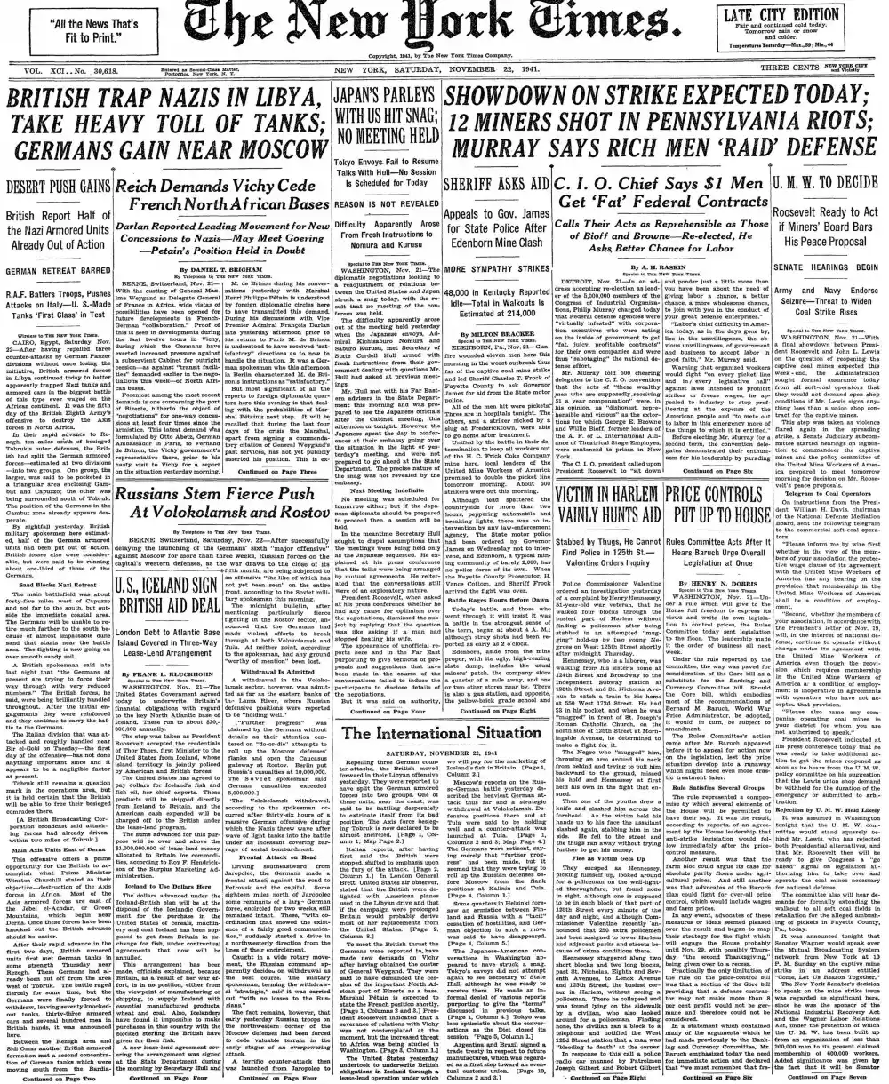Saturday, November 22, 1941 – The New York Times Front Page