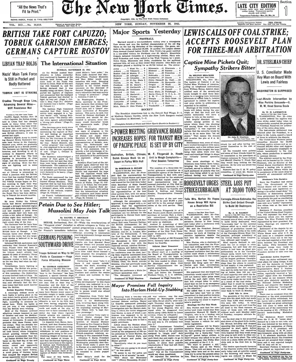 Sunday, November 23, 1941 – The New York Times Front Page