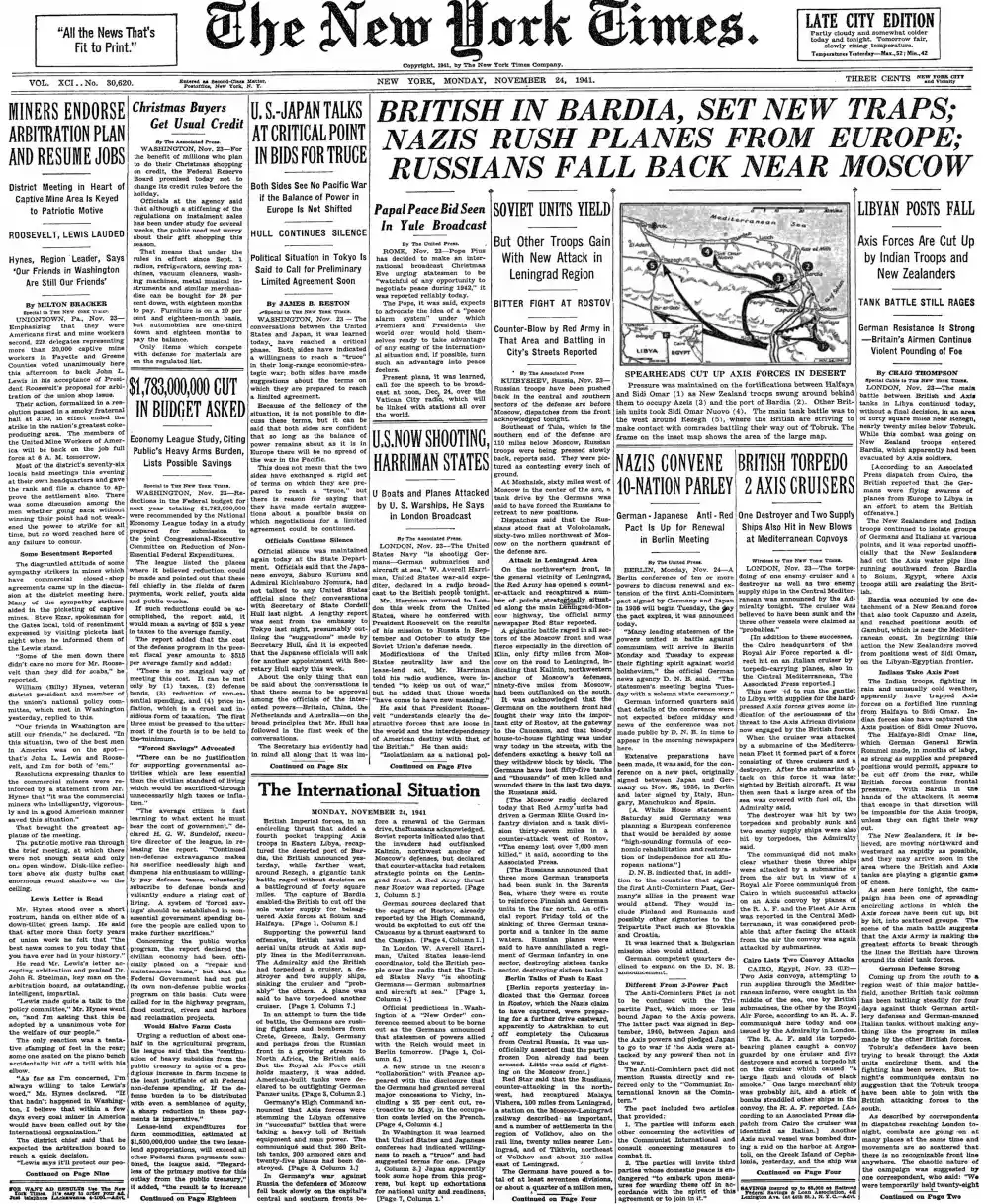 Monday, November 24, 1941 – The New York Times Front Page
