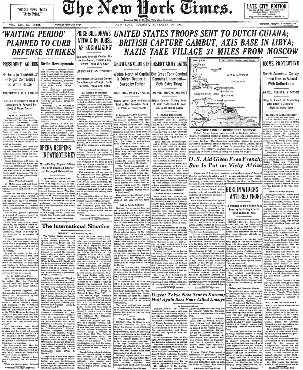 Tuesday, November 25, 1941 – The New York Times Front Page