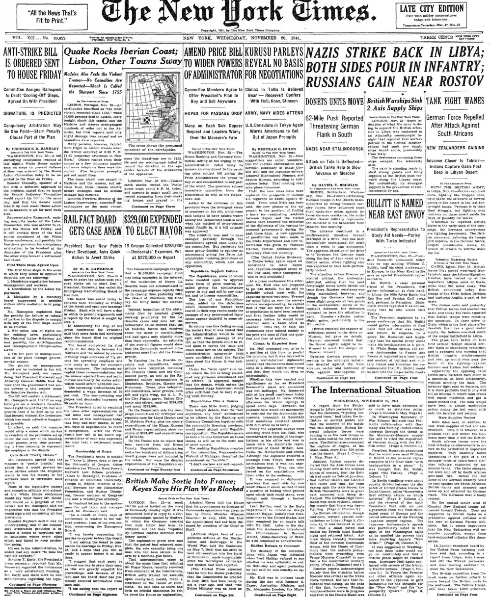 Wednesday, November 26, 1941 – The New York Times Front Page