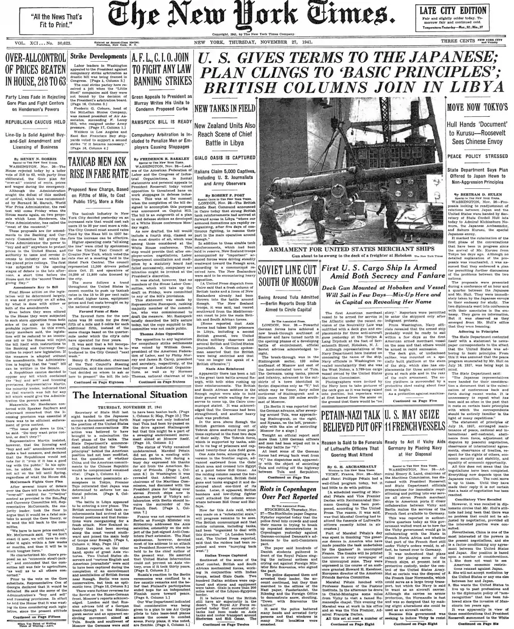 Thursday, November 27, 1941 – The New York Times Front Page