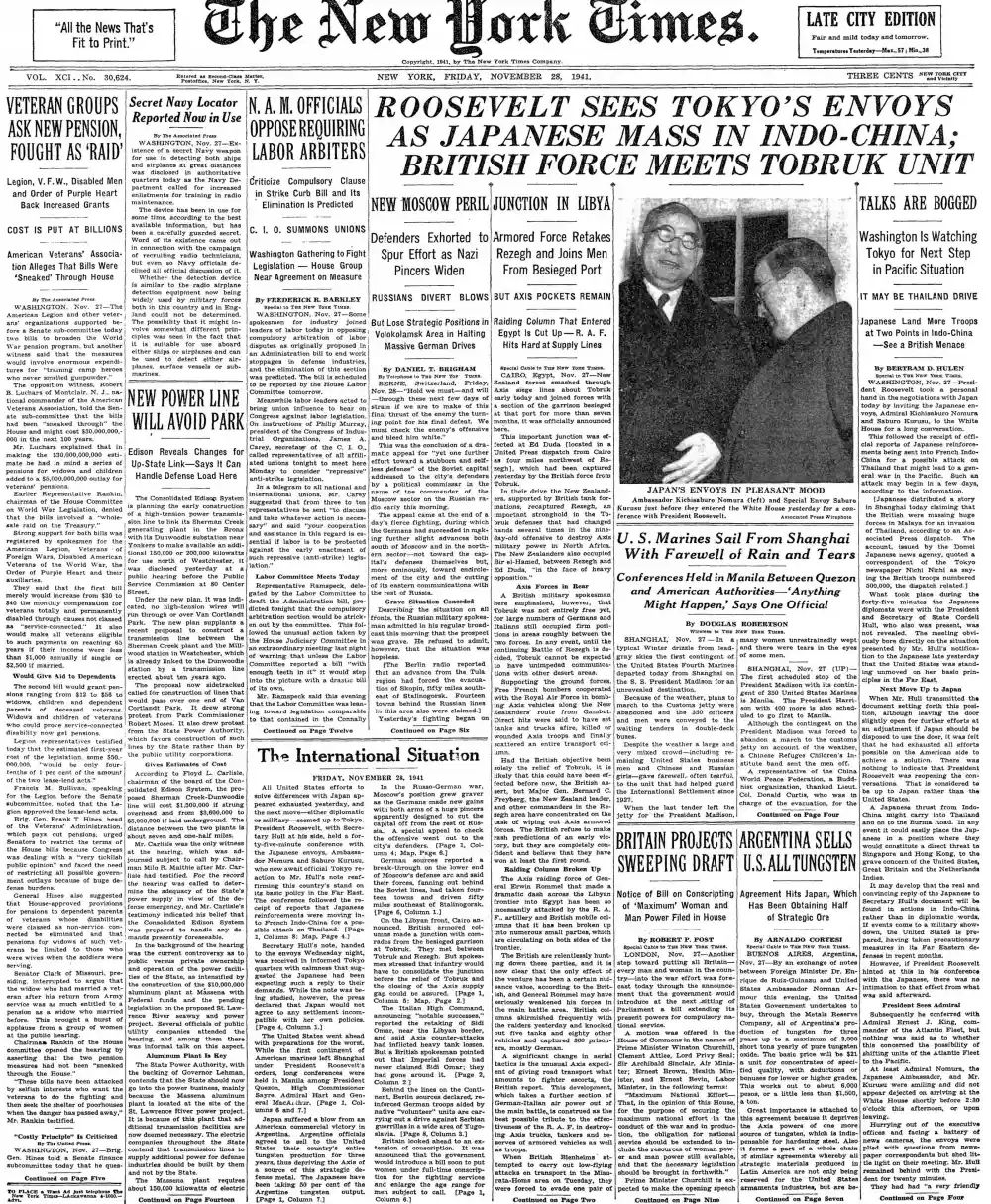 Friday, November 28, 1941 – The New York Times Front Page