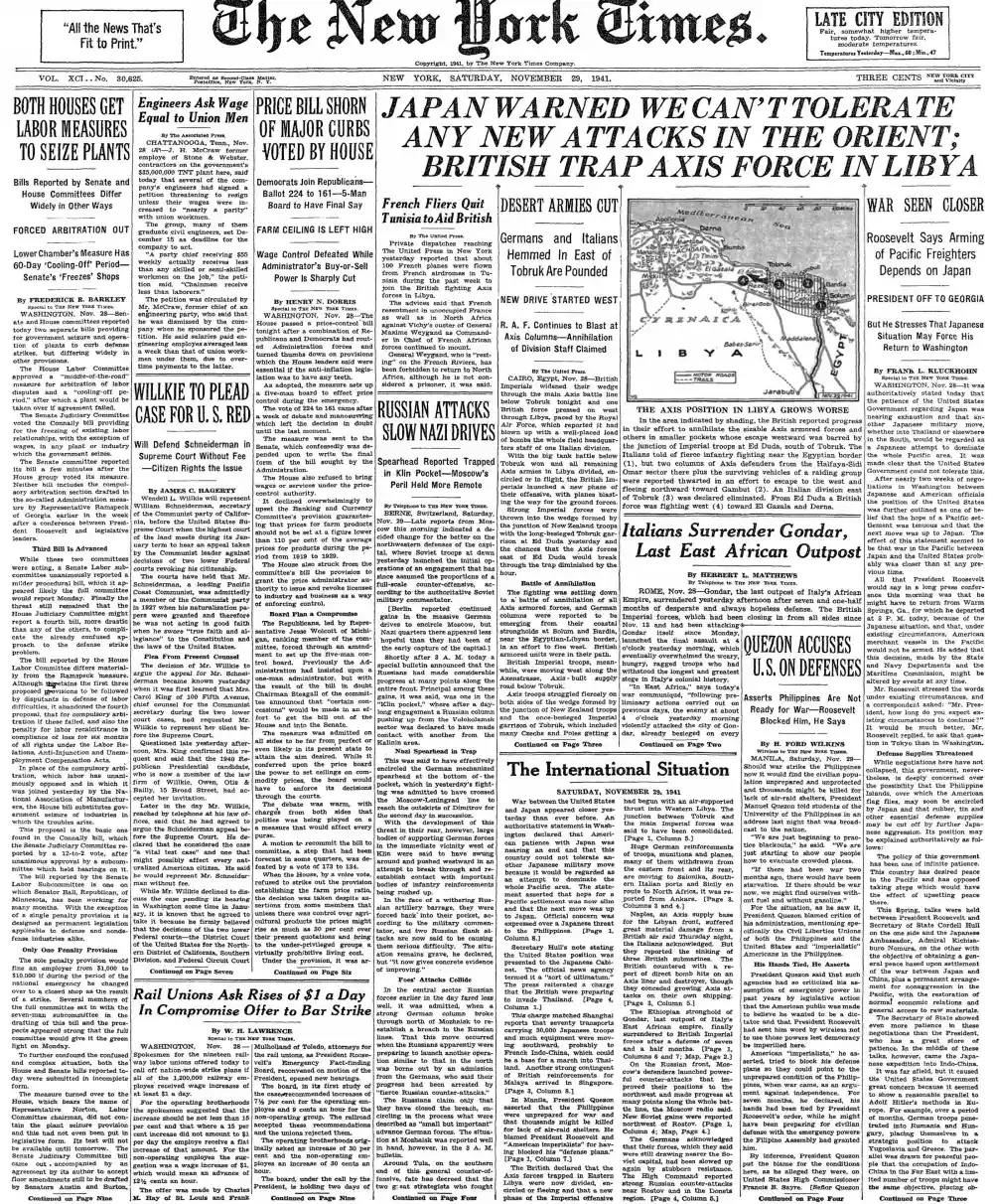 Saturday, November 29, 1941 – The New York Times Front Page