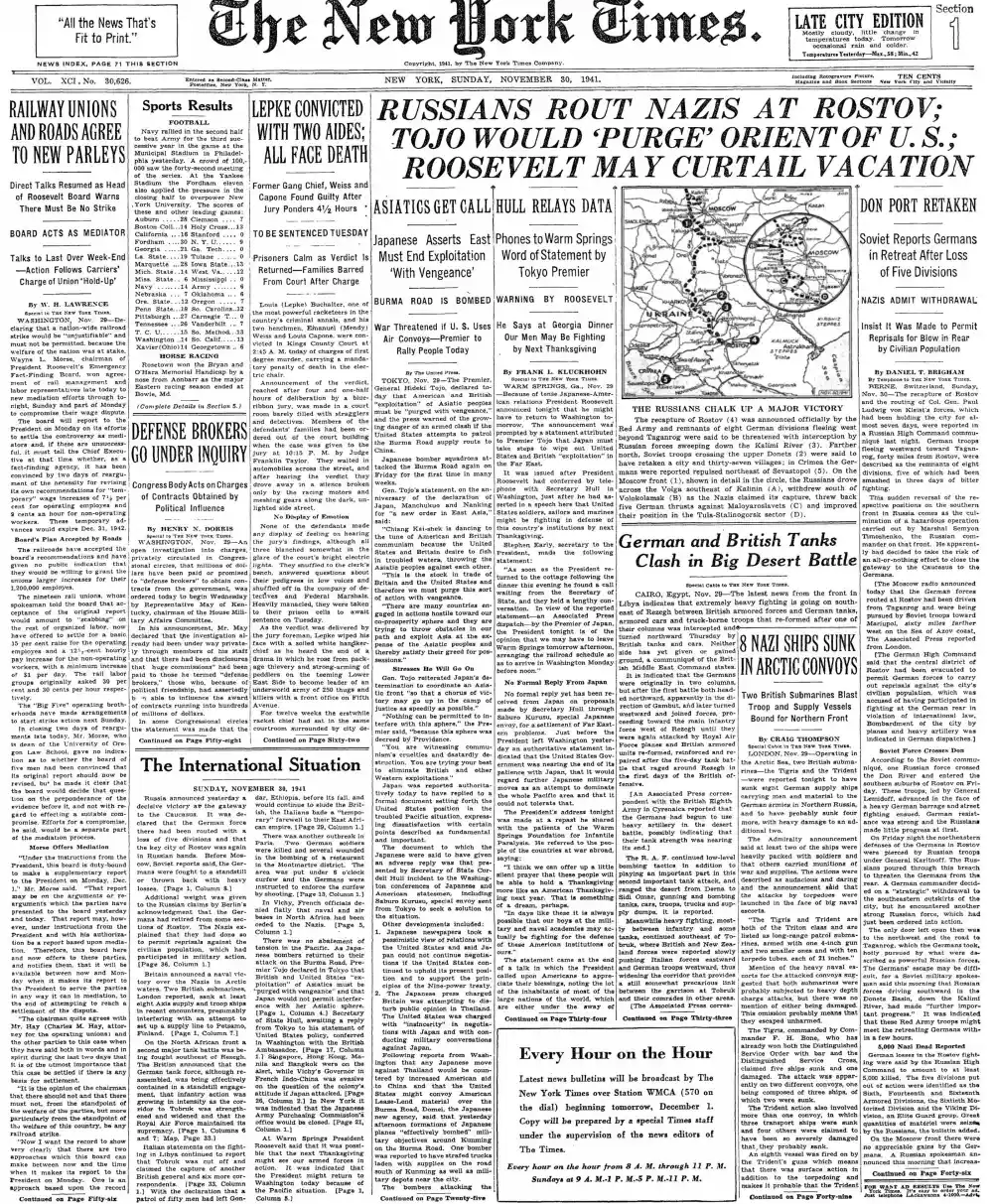 Sunday, November 30, 1941 – The New York Times Front Page
