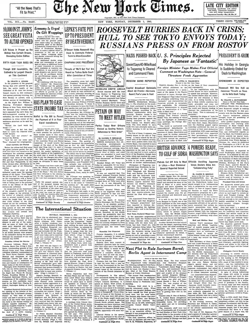 Monday, December 1, 1941 – The New York Times Front Page