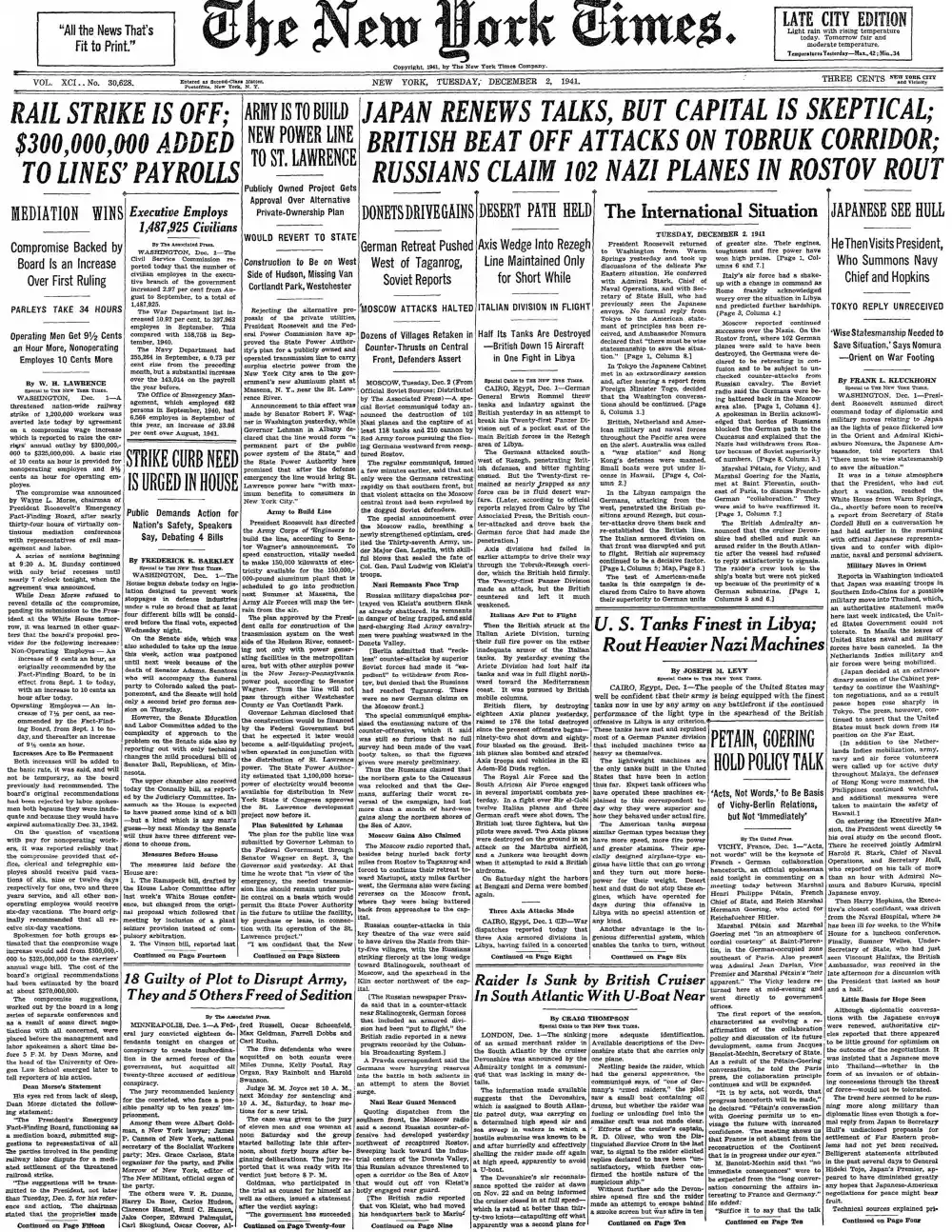 Tuesday, December 2, 1941 – The New York Times Front Page