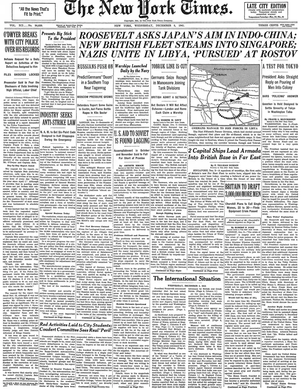 Wednesday, December 3, 1941 – The New York Times Front Page